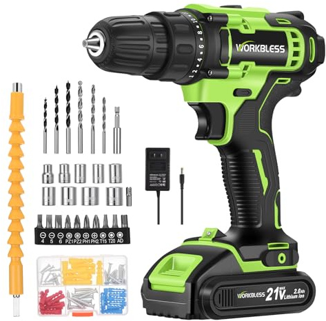 WorkBless WORKBLESS - Juego de taladro eléctrico de 21 V, taladro inalámbrico con batería y cargador, portabrocas sin llave de 3/8 pulgadas, velocidad variable, ajuste de par 18+1 y juego de