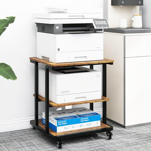 PUNCIA Soporte para Impresora con Ruedas Mesa de Impresión 60 x 50 cm de 3 Niveles Móvil de Madera y Metal Organizador de Escritorio con Estante de Almacenamiento para Oficina Escuela Retro