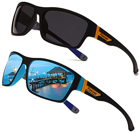 Long Keeper Sport solglasögon polariserade för män kvinnor sportglasögon cykelglasögon spegelglas med UV 400 skydd för körning körning golf löpning, Svart + svart blå