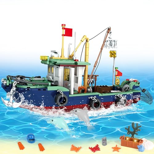 Charmofun City Technik Boot, 582 Teile Schiff Bauspielzeugsets Klemmbausteine Technik ab 6 Jahre für Jungen, Arctic Hafen Explorer Fischerboot Spielzeug Geschenke für 6+ Jährige Jungen Mädchen