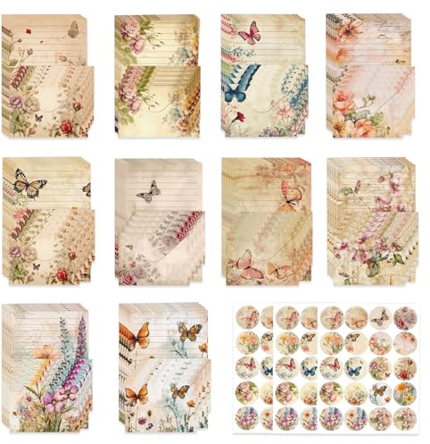 Inodiref Set med 160 st skrivbrevpappersset med kuvert, brevpapper och kuvert, blommigt underbart brevpapper fodrade vintage papper för att skriva brev tacksägelseinbjudan