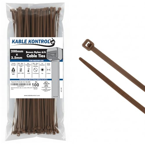 Kable Kontrol Brown Cable Ties, 200 mm x 2.5 mm, Pack of 100, 8 Premium Nylon Zip Ties, Multi-Purpose Plastic Tie Wraps, Secure Self-Locking Mechanism, for Home, Garden, Office and DIY