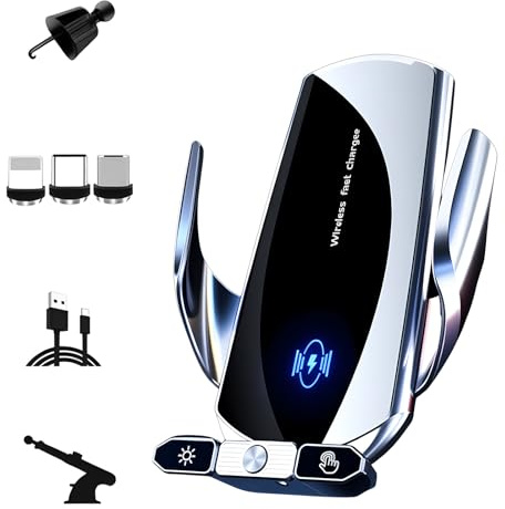 15W Wireless Fast Car Charger,Car Phone Holder Mount Suction Holder | 360° Rotation,Angle Adjustment,Auto Clamping,with Infrared Sensor,Air Vent/Dashboard Windshield Stand,Silver