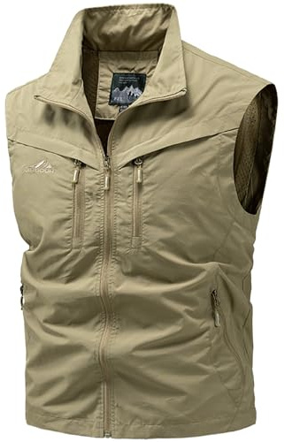 FEOYA Gilet för män utomhus fiskeväst safari resa arbete lätt väst med flera fickor snabbtorkande fotografi väst ledig ärmlös väst med dragkedja, Khaki, XL
