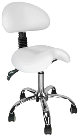 FXLUHAY Sattelhocker mit Rückenlehne und Rädern, hydraulischer Salonstuhl, Rollhocker, Verstellbarer Drehstuhl for Dentalhygieniker(White)