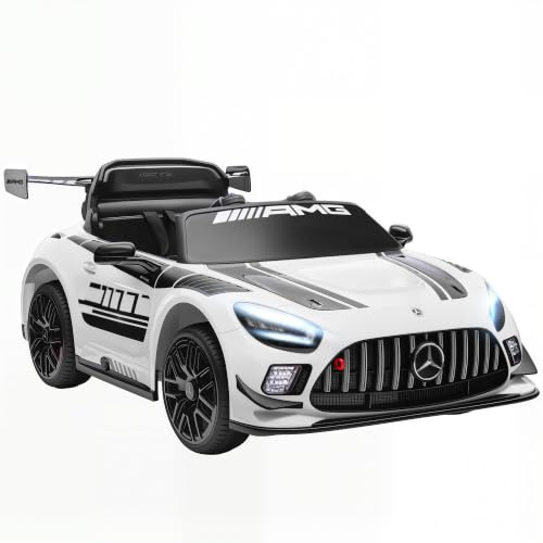 AIYAPLAY Kinder Elektroauto Mercedes-AMG 12V 2 Motor für 3-8 Jahre Weiß | 2,4GHz Fernbedienung, Kabellose Musik, Kinderfahrzeug, LED-Leuchte, Hupe, Sanftstart, Stützräder, Zugstange