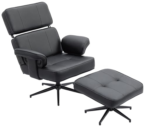 HOMCOM Relaxsessel mit Hocker, Liegefunktion, Fernsehsessel, Schwarz | Verstellbare Kopfstütze, TV-Sessel aus Kunstleder, Ruhesessel für Wohnzimmer, Schlafzimmer