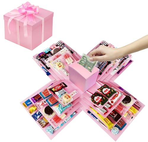 DIY Explosionsbox Geburtstag, Rosa, 19,5x19,5x18.5 cm | Überraschungsbox für Fotos & Kleine Geschenke Für Valentinstag, Hochzeitstag, Geldgeschenk, Besondere Tage