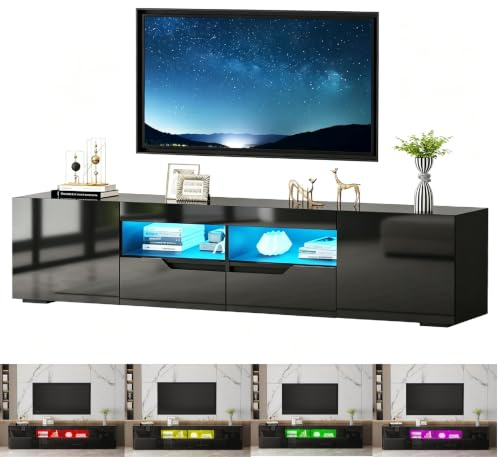 LSBIKE Hochglanz TV-Schrank, TV Lowboard mit Doppel-Schublade und 16 LED Farben Beleuchtung, Fernsehtisch für 65–85 Zoll Fernseher, Griffloses TV Möbel Schränken Für Wohnzimmer Schlafzimmer (Schwarz)