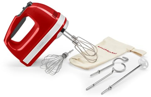 KitchenAid Handmixer 9 Stufen, 85W leiser DC-Motor mit Sanftanlauf, 6 Zubehörteile – Rühr-, Knethaken, Schneebesen & Rührstab, Schwenkkabel, Tasche, Empire Red