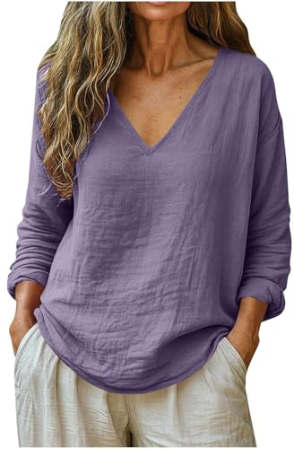Keepink T Shirts for Women UK Cotton Linen Roll Up Long Sleeve Tops Solid Color Tee V Neck Casual Loose Blouses Relaxed Fit Tunic Pullover Fashion Dressy Blouse for Comfort Everyday