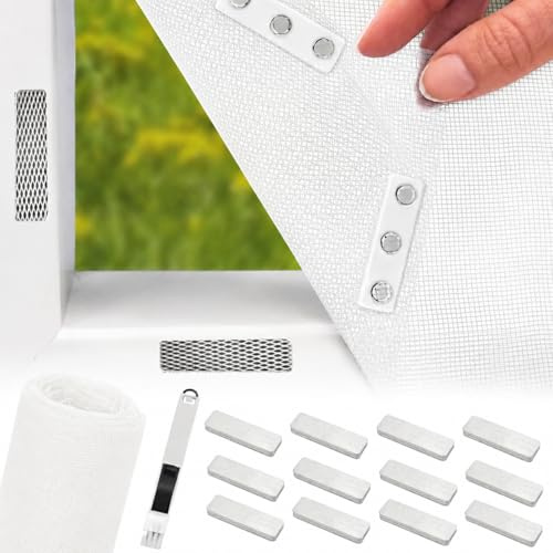 BUZIFU Tela de Mosquitera por Metros 120 x 250 cm con 12 Imanes para Mosquiteras, Malla Mosquitera para Ventana, Mosquiteras Blanco Fibra de Vidrio Negras Malla Fina para Anti-mosquitos y Insectos