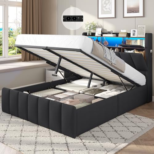 DICTAC Bett 140x200 mit Lattenrost & LED Beleuchtung– Stauraumbett mit Bettkasten, Polsterkopfteil & USB Ladestation – Dunkelgrau Leinen Polsterbett 140x200, Doppelbett für Jugendliche & Erwachsene