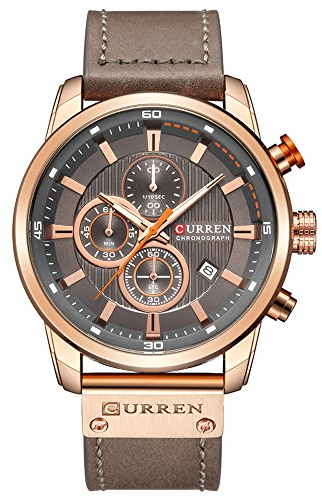 Herren Lederarmband Militäruhren Herren Chronograph Wasserdicht Sport Armband Date Quarz Armbanduhr Geschenke, Goldgrau, Chronograph, Quarz-Uhrwerk