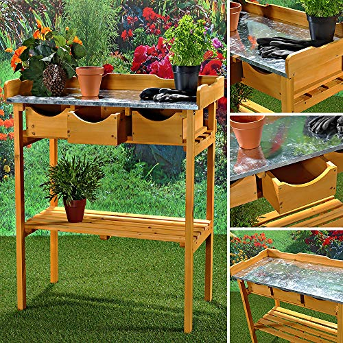 Melko Gartenarbeitstisch Gartentisch Pflanzentisch mit DREI Schubladen im Landhausstil aus Fichtenholz für den Außenbereich, 80 x 40 x 82 cm, Honigton Braun