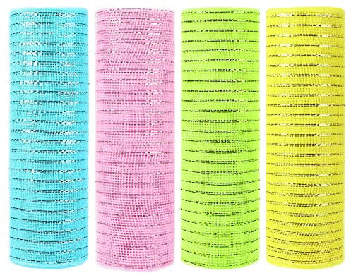4 Rolls 10 inch x 10 Yards Green Blue Yellow Pink Deco Mesh Rolls for Wedding Festival Wreath Making Poly Ribbon Christmas Mesh Ribbon Rolls for Wedding Wreath Garland Crafting Decorations