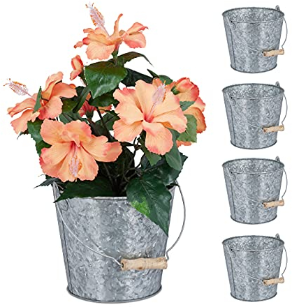 Relaxdays Zinktopf 5er Set, Kräutertopf für Küche, Balkon & Garten, verzinkter Blumeneimer aus Metall mit Henkel, Silber