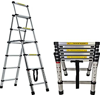 Telescopic Folding Ladder,Extension Ladder,A-Frame Ladder, Collapsible Ladder,Multi-Purpose Stepladder 150kg /330lbs Capacity,with Non-Slip Foot Cover for Indoor Outdoor (6+7 Step)