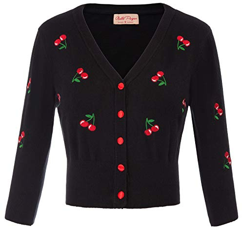 Belle Poque Damen Strickjacke mit 3/4-Ärmeln, V-Ausschnitt, Knopfleiste, Kirschen, Stickerei, Cropped-Cardigan
