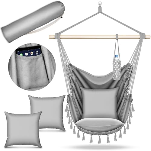 tillvex® Hängesessel 2 Kissen zum Aufhängen | Hängestuhl Indoor & Outdoor | Hängekorb wetterfest | Schaukelkorb Nestschaukel bis 150kg | Boho Hängesitz für Garten, Balkon, Terrasse oder Wohnzimmer