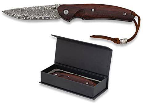 Coltello con lama di dasanimale, lama damasco da 7 cm e impugnatura in legno naturale Caza, pesca, campeggio, supervivenza e Bushcraft + portabottiglie in regalo