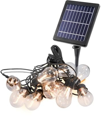 Esotec Solar Lichterkette Outdoor 10 retro Glühbirnen Licht warmweiß 102189 | 10 warmweiße LEDs mit 2800K, bis 12Std. Leuchtdauer, Dauerlicht, Kabellänge 9m, Leuchtlänge 6m, LiFePO4-Akku wechselbar
