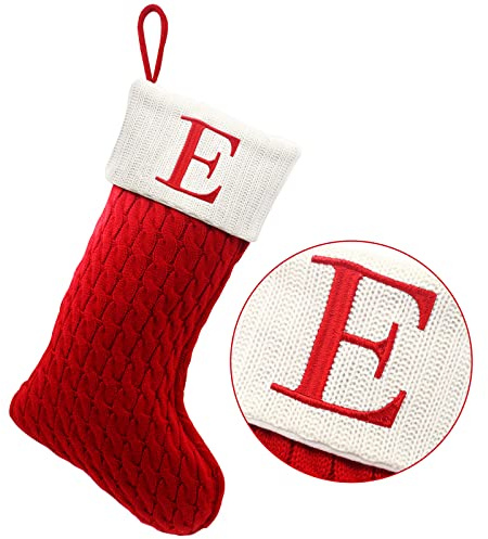 ZOEA 20 Inches Christmas Stockings with Initials, Large Embroidered Letter Knit Christmas Stocking for Family Holiday Decorations and Xmas Gift (E, Red)