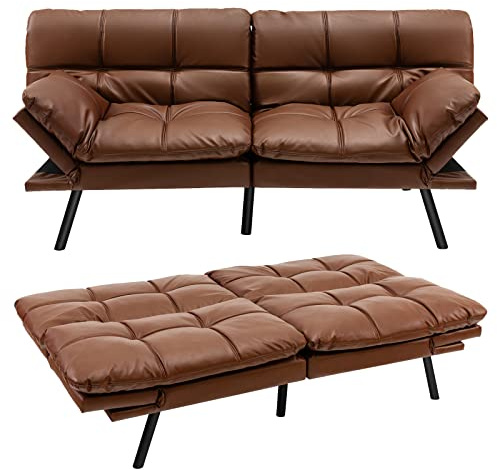 COSTWAY 2/3 Seater Convertible Sofa Bed, Click Clack Sleeper Couch with Reclining Backrest, Adjustable Armrests & 6 Metal Legs, Padded Loveseat Sofa for Living Room and Bedroom (PU Leather, Brown)