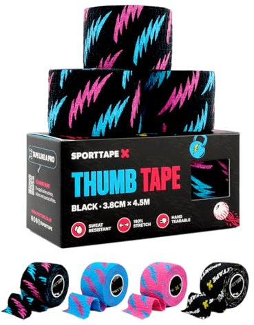 SPORTTAPE Hook Grip Daumentape – 3 Rollen - 3,8 cm x 4,5 - Punk | Selbstklebendes, schweißfestes & reißbares Baumwolle | Ideal für Gewichtheben, Powerlifting & Training - 90+ Anwendungen