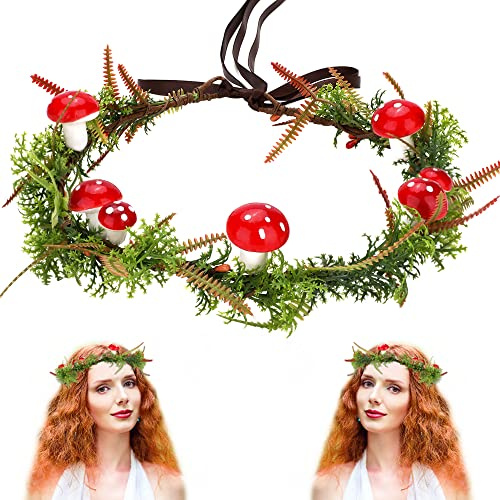 MOSTORY Pilz Blume Stirnband Fee Wald Krone Kopfschmuck Moosige Stechpalme Kreis Tiara Rote Pilze Haarkranz Weihnachtskrone für Frauen Mädchen Renaissance Festival Kostüm Zubehör