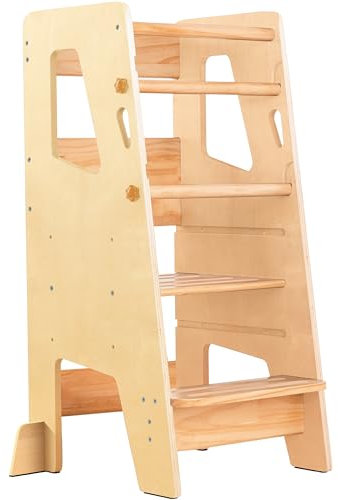 Toddler Standing Tower with 3 Safety Bars - Kitchen Stool Helper, Varnished