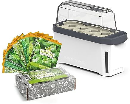 FLORTUS Anzuchtset Kräutersamen mit Kräutertopf Harry Herbs weiß | Gewächshaus mit Bewässerungssystem & 12 Sorten Kräuter | Geschenkset Mitgebsel