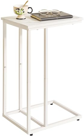 Aibiju Side Table, Sofa End Table, C-Shaped Side Table for Living Room, Bedroom, Balcony, Simple Structure, Stable, White Faux Marble and White Metal Frame, YD-TM051W