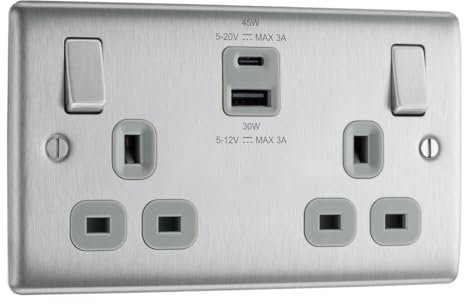 BG Electrical 45W Double Switched Wall Plug Socket with Super Fast Charge Type A & C USB Ports, Nexus Metal, Brushed Steel, Grey Inserts, 13A, NBS22UAC45G