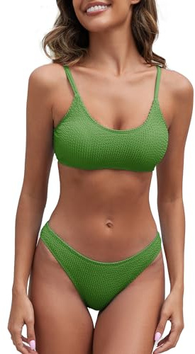 Fanuerg Ribbade bikiniset, rund hals, fräck baddräkt, texturerad, tvådelad baddräkt, Armégrönt, M