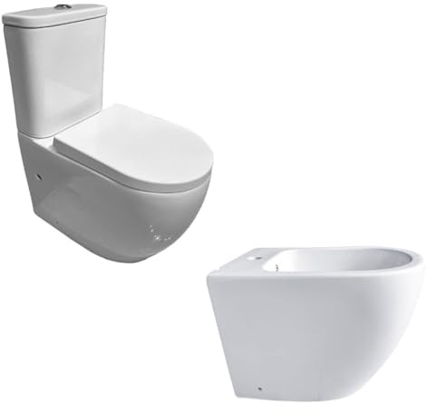 INODORO Completo con BIDET, Inodoro y Bidet Blanco, Pack Wc Inodoro, Retrete con Bidet para Hogar, Sistema Rimless Antibacterias, Tapa Dura Extrafina Amortiguada, Salida Dual