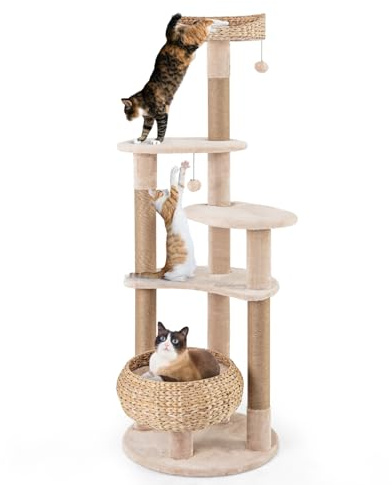 GOPLUS Arbre à Chat 164cm en Tige Massette, Poteaux à Gratter en Jute, Balles Suspendues, Panier en Quenouille et Perchoir, Arbre a Chat Design en Peluche pour Chats, Beige et Naturel