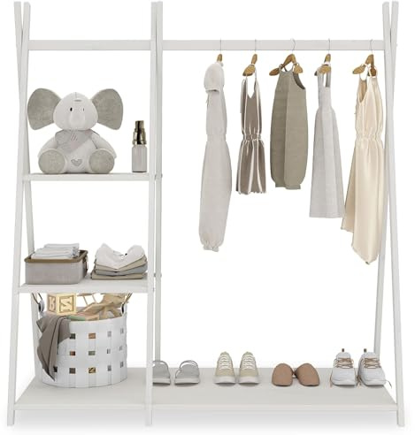 IDIMEX Kindergarderobe LOTTE mit 1 Kleiderstange & 4 Ablageböden in weiß lackiert. Montessori Design, freistehender Kleiderständer für Kinderzimmer aus Massivholz.