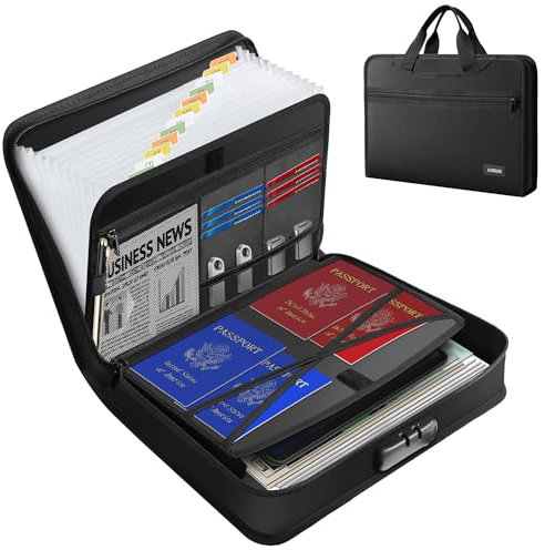 JUNDUN Feuerfeste Dokumententasche mit Schloss und Griff, Fächermappe A4 mit 13 Fächern und Reißverschluss, Dokumentenmappe mit mehreren Tasche und Etiketten für A4-Dateien | Wertsachen und mehr