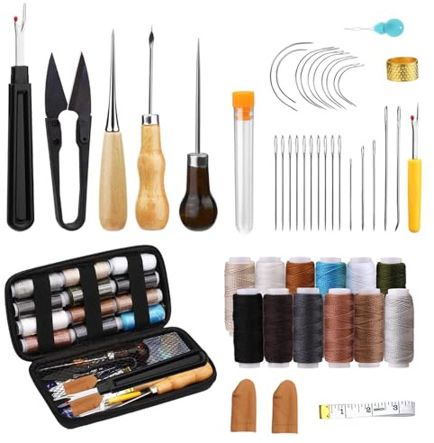 GIDWRIY 49 Piezas Kit Herramientas Cuero Multiusos, Herramienta de Trabajo de Artesanía de Cuero DIY con Aguja Coser