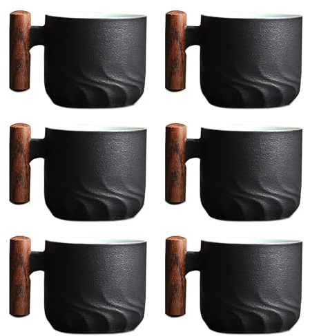 Espressotassen 6er Set (6 x 70 ml) Espressotassen Steingut Kaffeetasse Kaffeebecher aus Keramik Espresso Tassen mit Henkel, Mini Teetasse, Kaffeetasse für Espresso, Tee (6er Set - Schwarz)