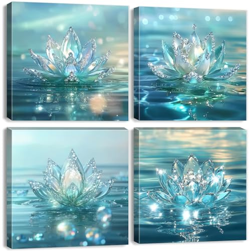 Lotus Flower Wall Art Teal Wall Decor Zen Bathroom Picture for Walls Canvas Prints Paintings Spiritual Meditation Wall Decor Turquoise Water Flowers Poster Yoga Room Artwork Decorations 12x12 4Pcs