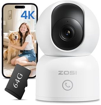 ZOSI 4K Telecamera di Sorveglianza WiFi per Interni con Scheda da 64 GB, WiFi 2,4/5 GHz, Visione a 360°, Rilevamento AI per Bambini/Animali Domestici, Audio Bidirezionale, Chiamata con un Tocco, C518