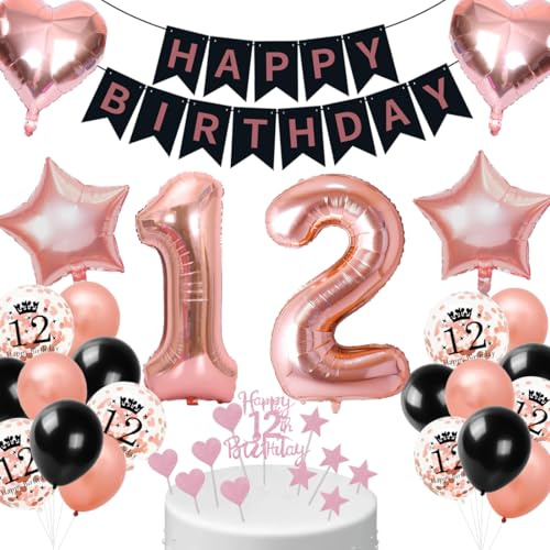 Cadimus Deko 12. Geburtstag Mädchen Schwarz Roségold,12. Geburtstag Luftballon,Geburtstagsdeko 12 jahre Frauen,Ballon Dekorationsset für 12 ter,Ballons für Geburtstagsfeier Deko
