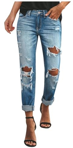 Jeansbyxor dam hög midja med hål – stretchbyxor dam 7/8 säckiga jeans raka ben denimbyxor sexiga höftjeans sprickor rörjeans hiphop joggingbyxor boyfriendjeans Y2K streetwear, Blå 30, S