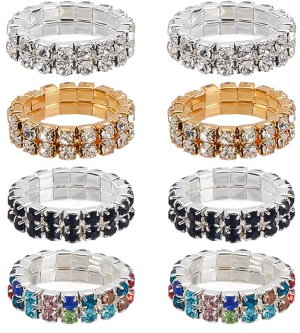 CRAFTYMELODY 8 Stück Strass Stretchringe 4 Farbige Elastische Fingerringe Mit Strasssteinen Bunter Stretchring Mit Strasssteinen Stapelbar Funkelnder Diamant Elastischer Bandring