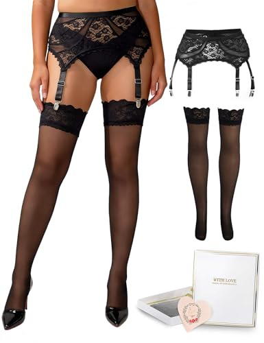 ohyeahlady Strapsen Dessous Set mit Strümpfen Damen Sexy Strapsgürtel | 20 DEN Nylonstrümpfe,4 Halter,Metallclips,Spitze Unterwäsche,Große Größen,Breiter Strumpfhalter,Reizwäsche Curvy,Box Packung