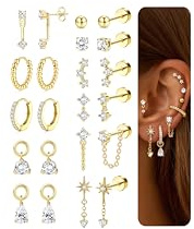 Dochais 11 par örhängen med platt rygg för kvinnor män allergivänliga kirurgiska stålstiftörhängen 14 k guldpläterade ringdubb örhänge platt rygg brosk tragus helix piercing örhängen, 6mm x 8/10mm x
