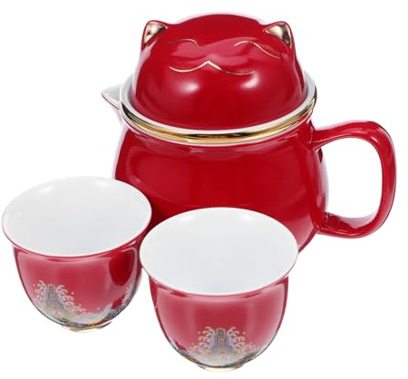 BESPORTBLE Gold-Painted Lucky Cat Teapot Two Ceramic Cups for Office Tea Making and Travel Porcelain Cat Tea Cup and Teapot