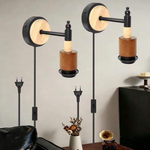 ZRLXFM 2 Stück Retro Wandstrahler mit Schalter und Stecker, 240 cm Kabel und Dunkelbraun Holzverkleidung, Retro Wandleuchte Schwenkbar 360° Kompatibel mit E26/E27-Glühbirnen (Schwarz)